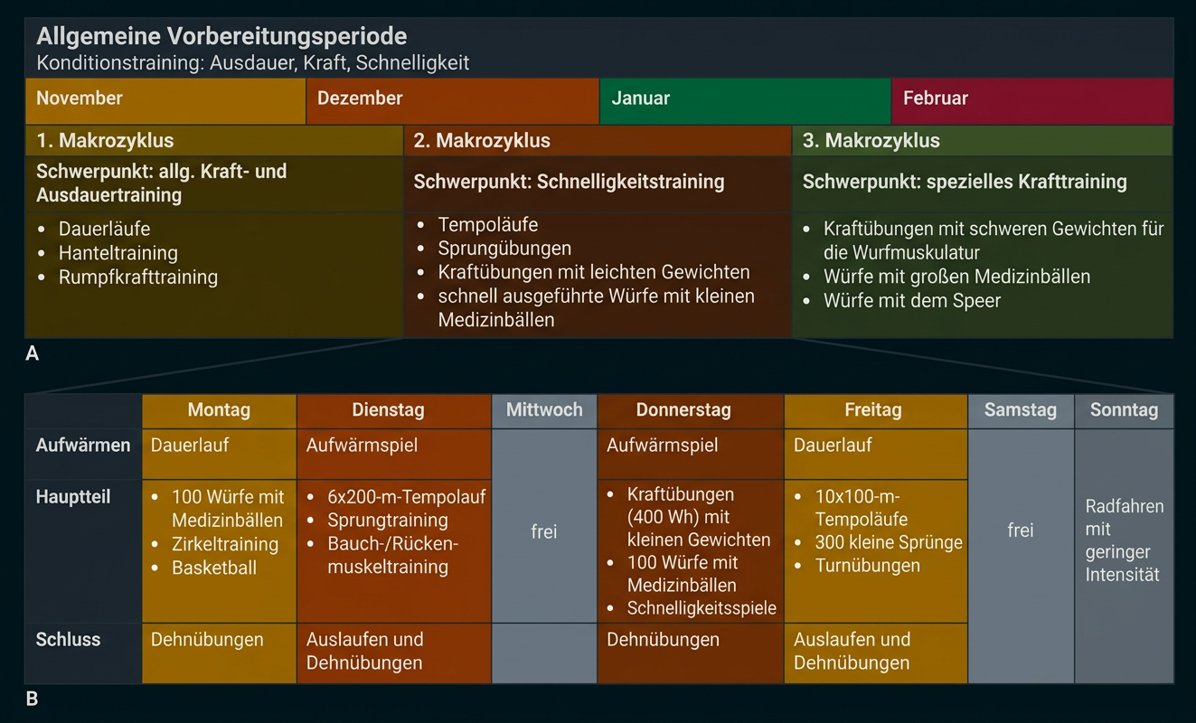 Übersicht eines Trainingsplans mit Vorbereitungsperioden, Makrozyklen und einem Wochenplan für Leichtathletiktraining.